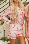 Explore More Collection - Candy Cane Collared Neck Long Sleeve Top and Shorts Lounge Set