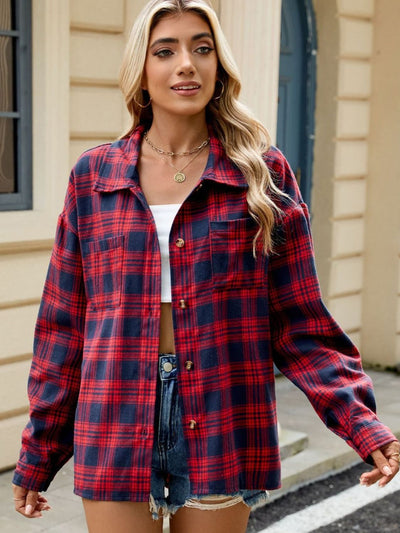 Explore More Collection - Plaid Collared Neck Long Sleeve Shirt