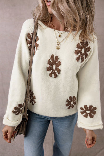 Explore More Collection - Flower Round Neck Long Sleeve Sweater