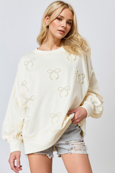 Explore More Collection - Pearl Bow Round Neck Dropped Shoulder Sweatshirt