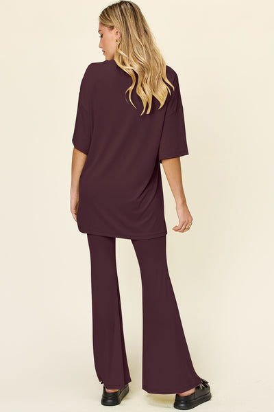 Explore More Collection - Double Take Full Size Round Neck Drop Shoulder T-Shirt and Flare Pants Set