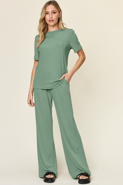 Explore More Collection - Double Take Full Size Round Neck Short Sleeve T-Shirt and Wide Leg Pants Set