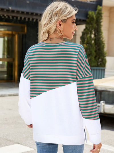 Explore More Collection - Slit Contrast Striped Long Sleeve Sweatshirt