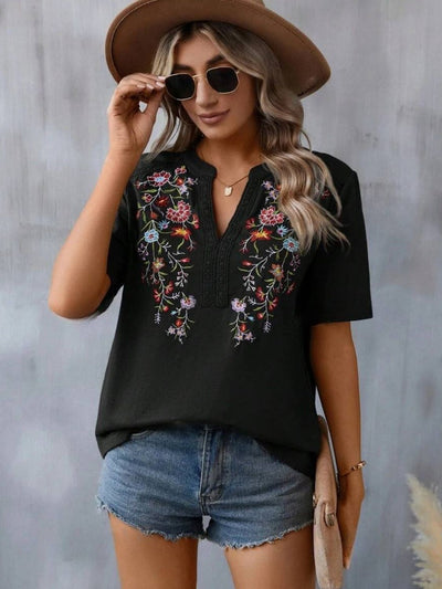 Explore More Collection - Embroidered Notched Short Sleeve T-Shirt