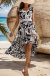 Explore More Collection - High-Low Printed V-Neck Cap Sleeve Midi Dress