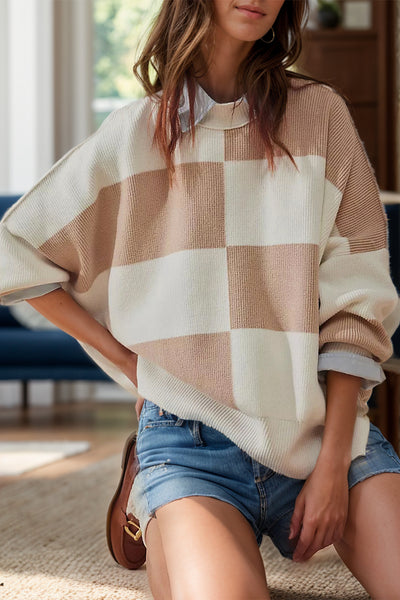 Explore More Collection - Color Block Round Neck Long Sleeve Sweater