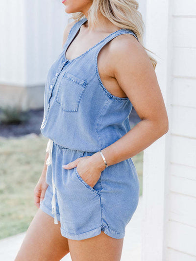 Explore More Collection - Pocketed Half Button Sleeveless Denim Romper