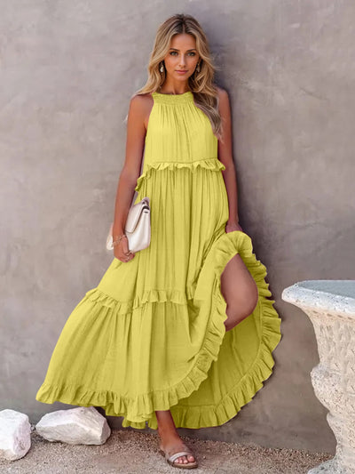 Explore More Collection - Ruffled Sleeveless Tiered Maxi Dress with Pockets