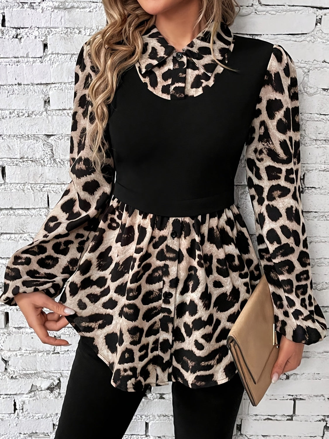 Explore More Collection - Leopard Collared Neck Balloon Sleeve Blouse