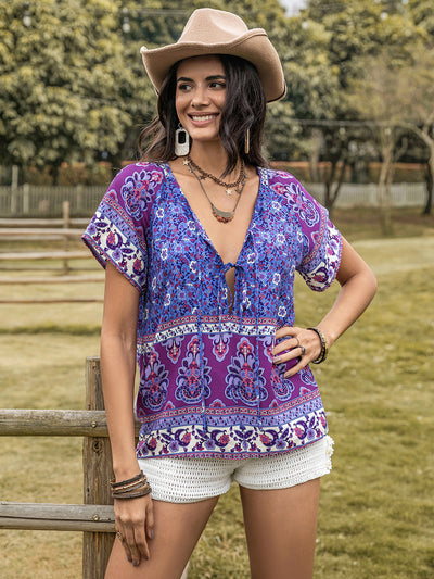 Explore More Collection - Printed Tie Neck Short Sleeve Blouse