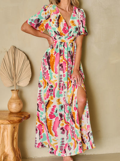 Explore More Collection - Slit Printed Surplice Short Sleeve Maxi Dress