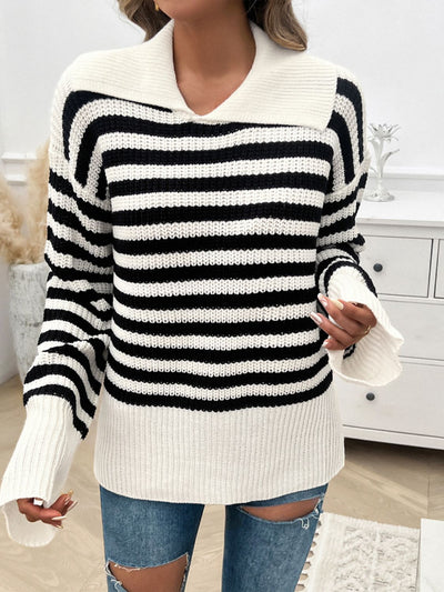 Explore More Collection - Striped Collared Neck Long Sleeve Sweater