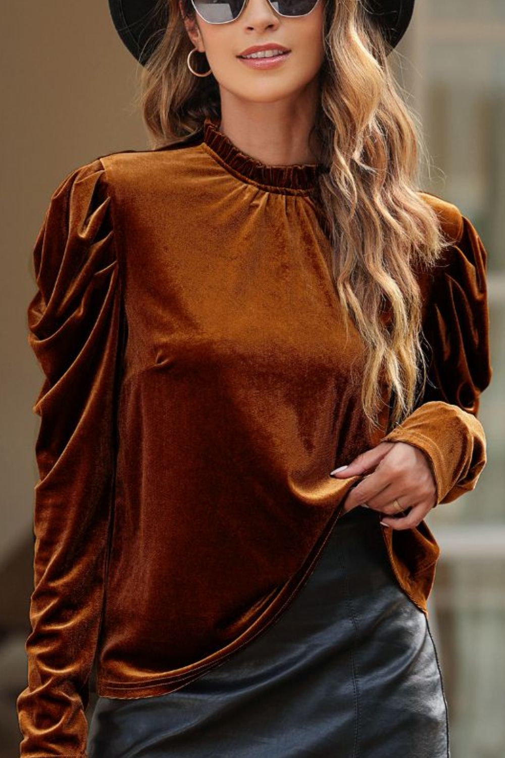 Explore More Collection - Frill Mock Neck Puff Sleeve Blouse