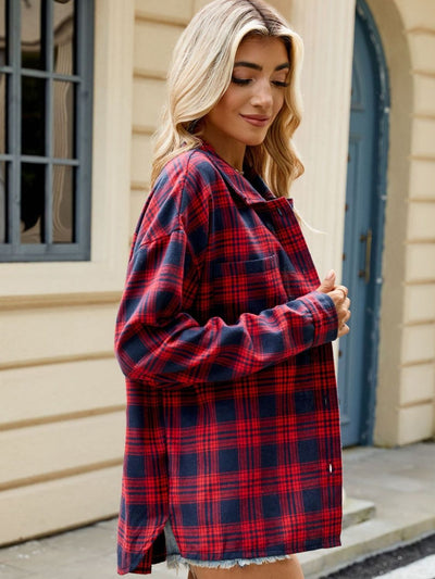 Explore More Collection - Plaid Collared Neck Long Sleeve Shirt