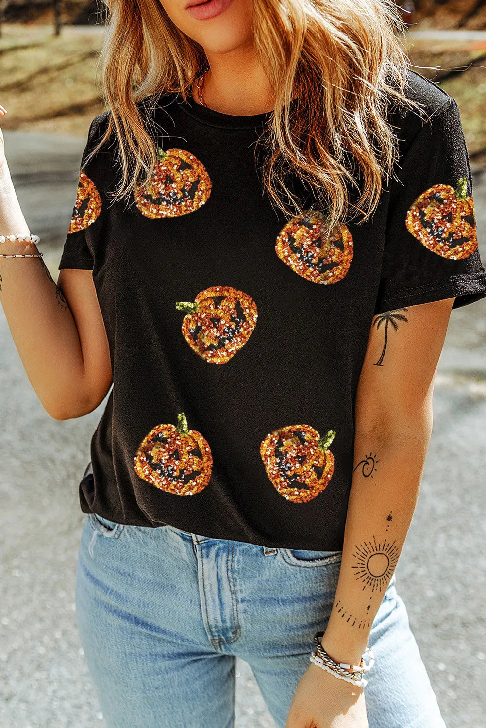 Explore More Collection - Sequin Pumpkin Round Neck Short Sleeve T-Shirt