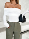 Explore More Collection - Ruched Off-Shoulder Long Sleeve T-Shirt