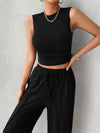 Explore More Collection - Mock Neck Sleeveless Top and Drawstring Pants Set