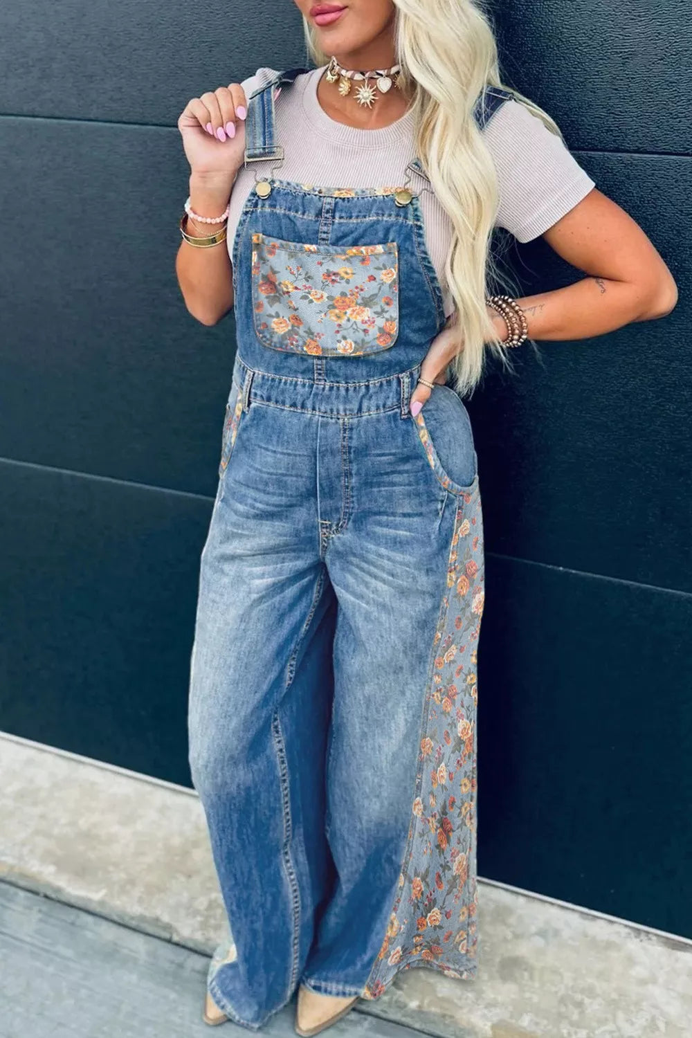 Floral Wide Leg Denim Overalls