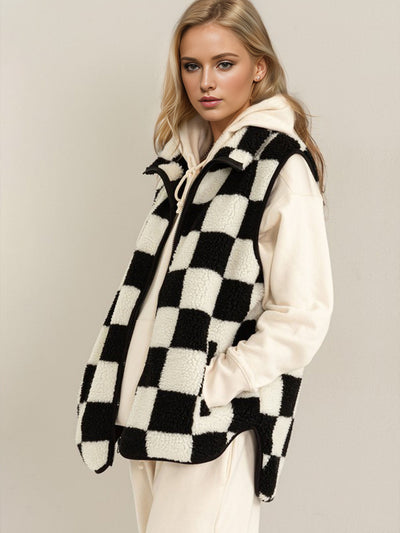 Explore More Collection - Double Take Full Size Zip Up Checkered Vest Cost