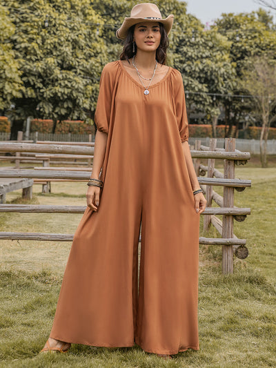 Explore More Collection - Scoop Neck Half Sleeve Wide Leg Jumpsuit