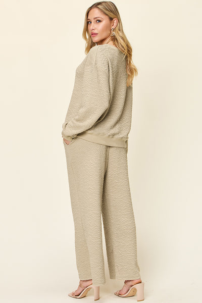 Explore More Collection - Double Take Full Size Texture Long Sleeve Top and Pants Set