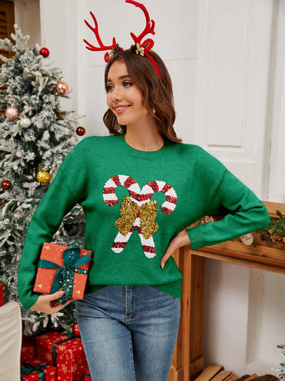 Explore More Collection - Sequin Candy Cane Round Neck Long Sleeve Sweater