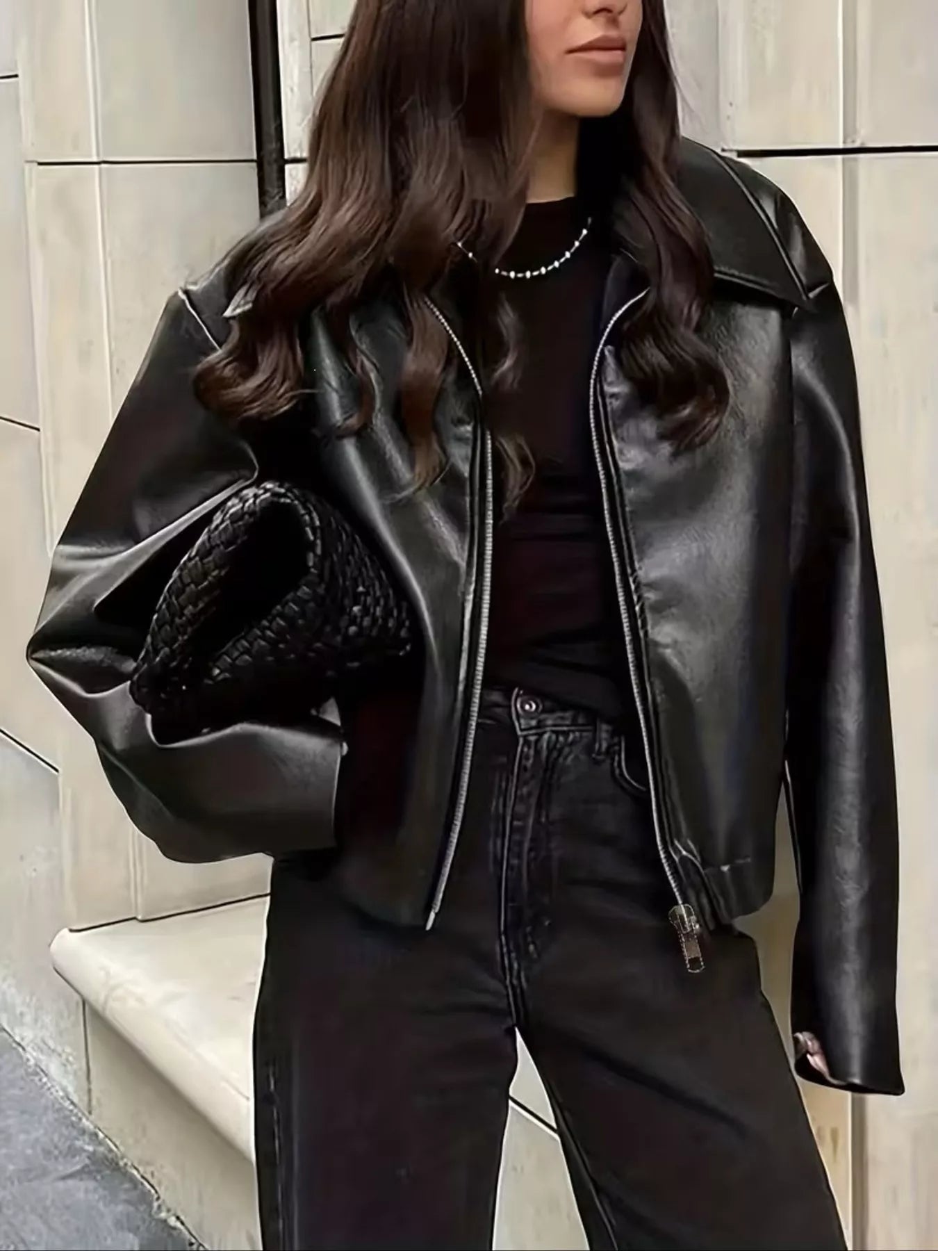 Oversized Faux Leather Zip Up Moto Jacket
