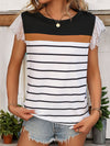 Explore More Collection - Lace Detail Striped Round Neck Cap Sleeve T-Shirt