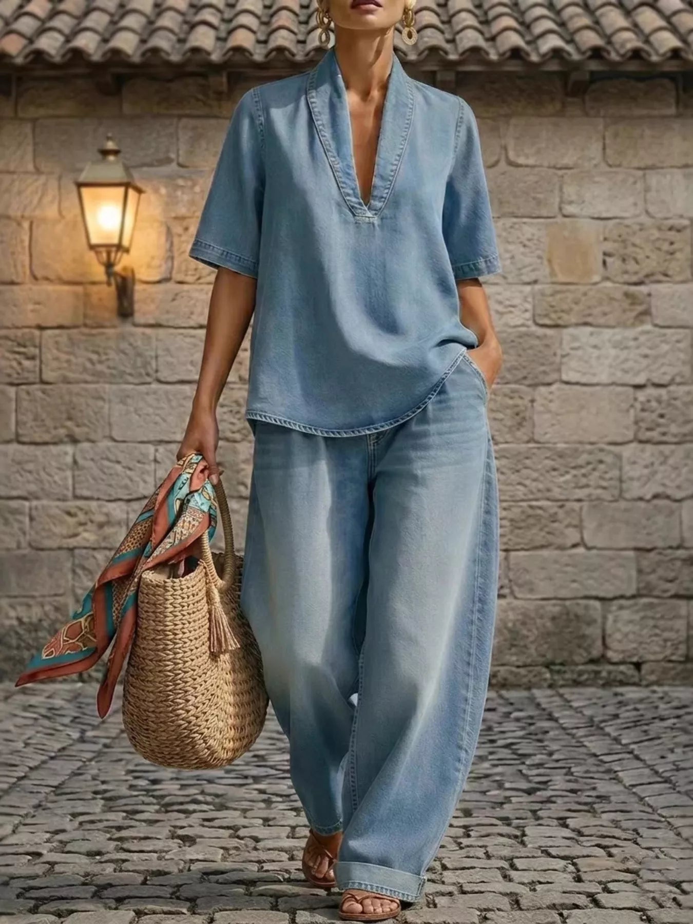 Full Size Half Sleeve Top and Wide Leg Pants Set Plus Size