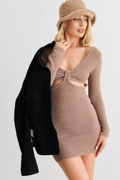 Explore More Collection - HERA COLLECTION Fluffy Bow Cut-Out Detail Long Sleeve Mini Dress