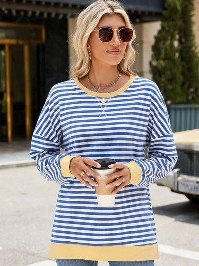 Explore More Collection - Slit Striped Round Neck Long Sleeve Sweatshirt