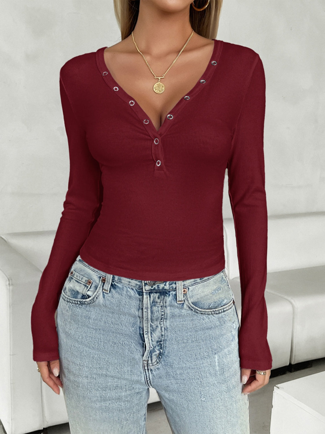 Explore More Collection - V-Neck Long Sleeve T-Shirt