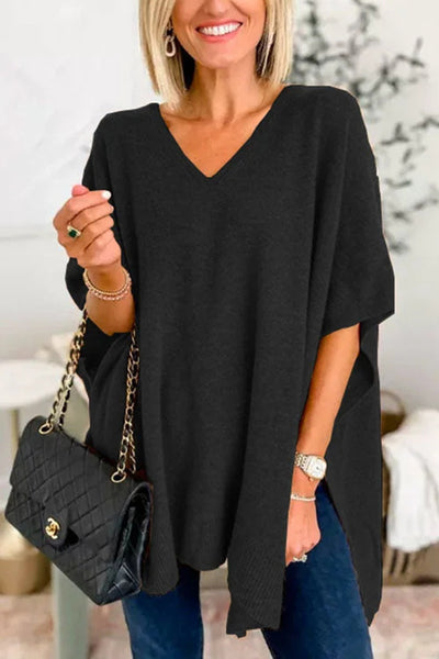 Explore More Collection - Slit V-Neck Half Sleeve Knit Top