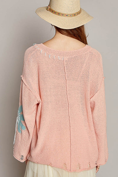 Explore More Collection - POL Distressed Flower V-Neck Dropped Shoulder Knit Top