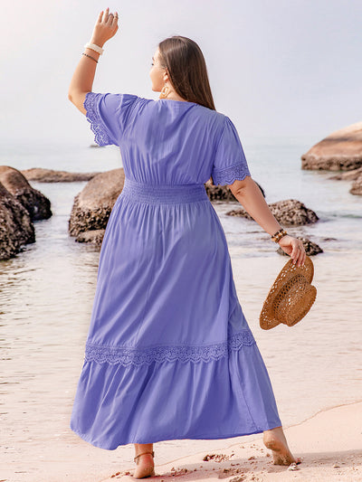 Explore More Collection - Plus Size Lace Detail Tie Neck Short Sleeve Maxi Dress