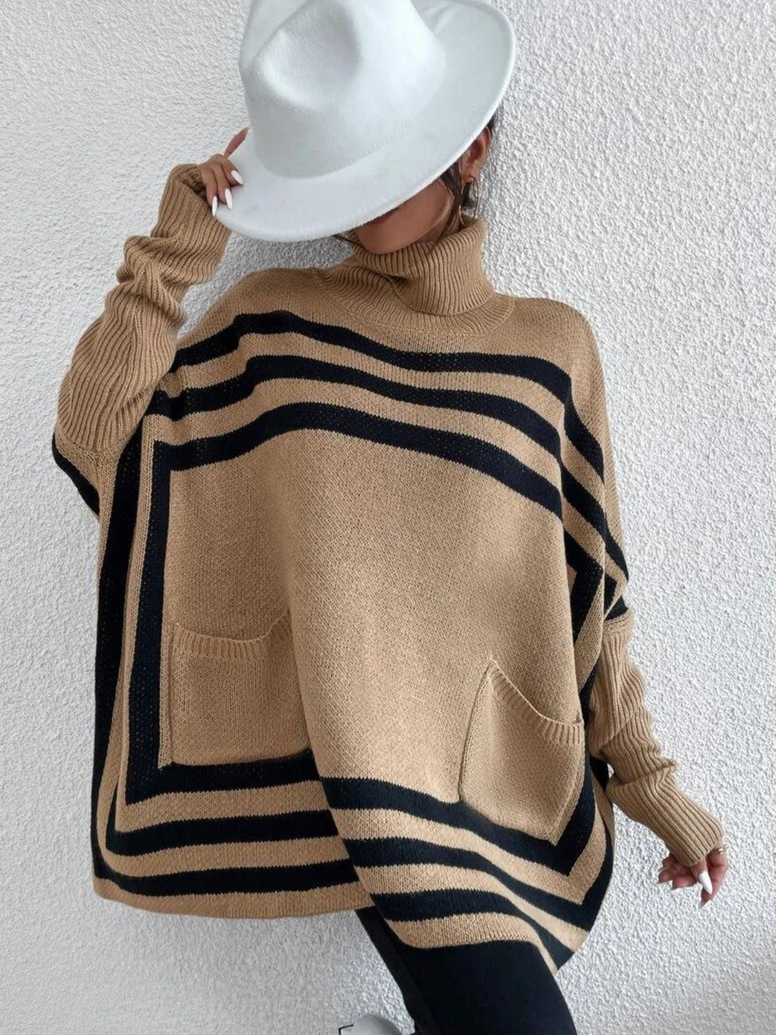 Explore More Collection - Striped Turtleneck Batwing Sleeve Sweater with Pockets