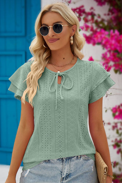 Explore More Collection - Eyelet Tie-Neck Flutter Sleeve Blouse