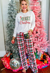 Explore More Collection - MERRY CHRISTMAS Round Neck Top and Plaid Pants Set