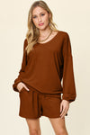 Explore More Collection - Double Take Full Size Texture V-Neck Long Sleeve T-Shirt and Shorts Set