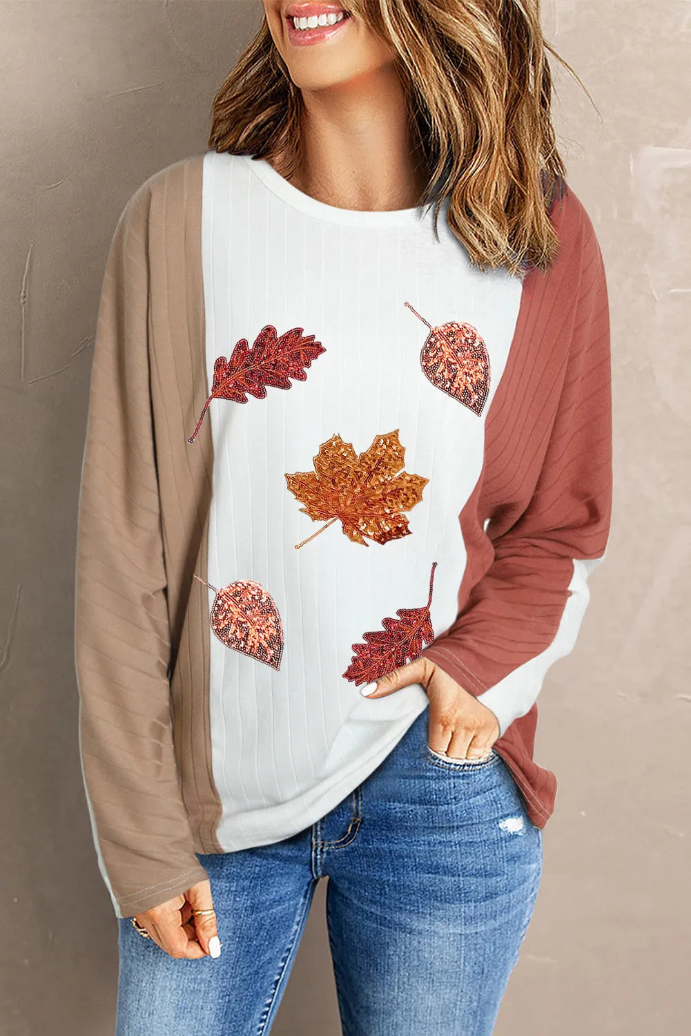 Explore More Collection - Maple Leaf Round Neck Long Sleeve T-Shirt