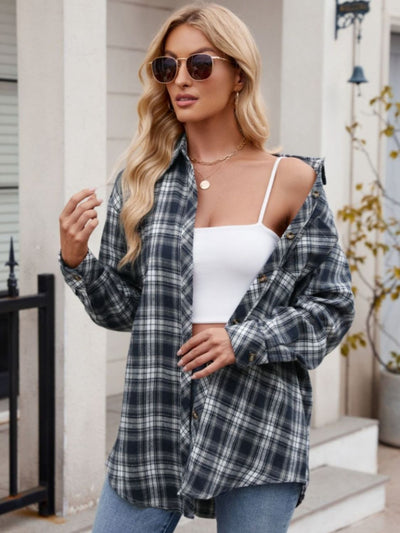 Explore More Collection - Pocketed Plaid Collared Neck Long Sleeve Shirt