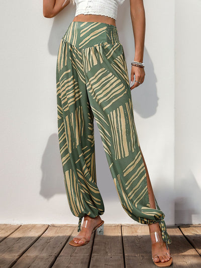 Explore More Collection - Smocked Slit Printed High Waist Pants