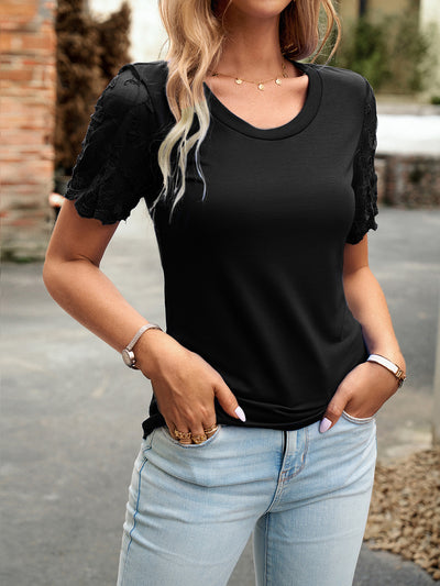 Explore More Collection - Lace Detail Round Neck Short Sleeve T-Shirt