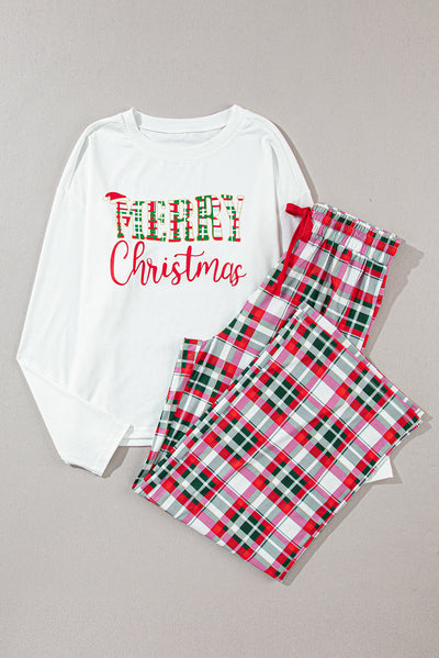 Explore More Collection - MERRY CHRISTMAS Round Neck Top and Plaid Pants Set