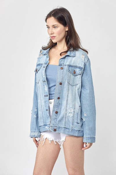 Explore More Collection - RISEN Full Size Distressed Long Sleeve Denim Jacket