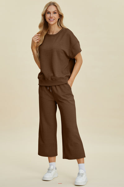 Explore More Collection - Double Take Full Size Texture Round Neck Top and Pants Set