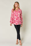 Explore More Collection - Double Take Full Size Printed Ruffle Trim Balloon Sleeve Shirt