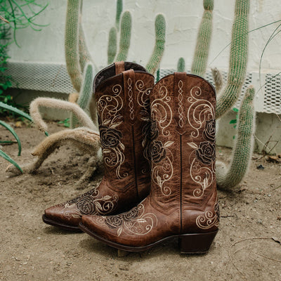 Explore More Collection - Tan Rose Inlayed Women's Cowgirl Boots (M50032)
