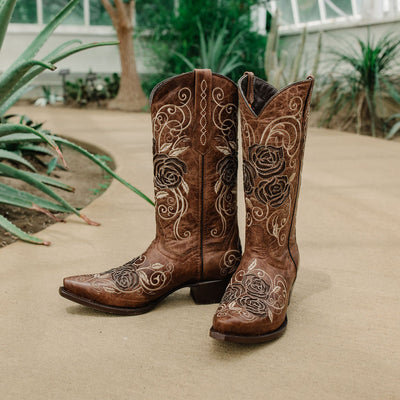 Explore More Collection - Tan Rose Inlayed Women's Cowgirl Boots (M50032)