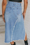 Explore More Collection - Raw Hem Slit Denim Skirt with Pockets